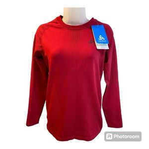 New Odlo Base Layer Women’s T Shirt XL Red Long Sleeve Fitted Crew Poly Blend